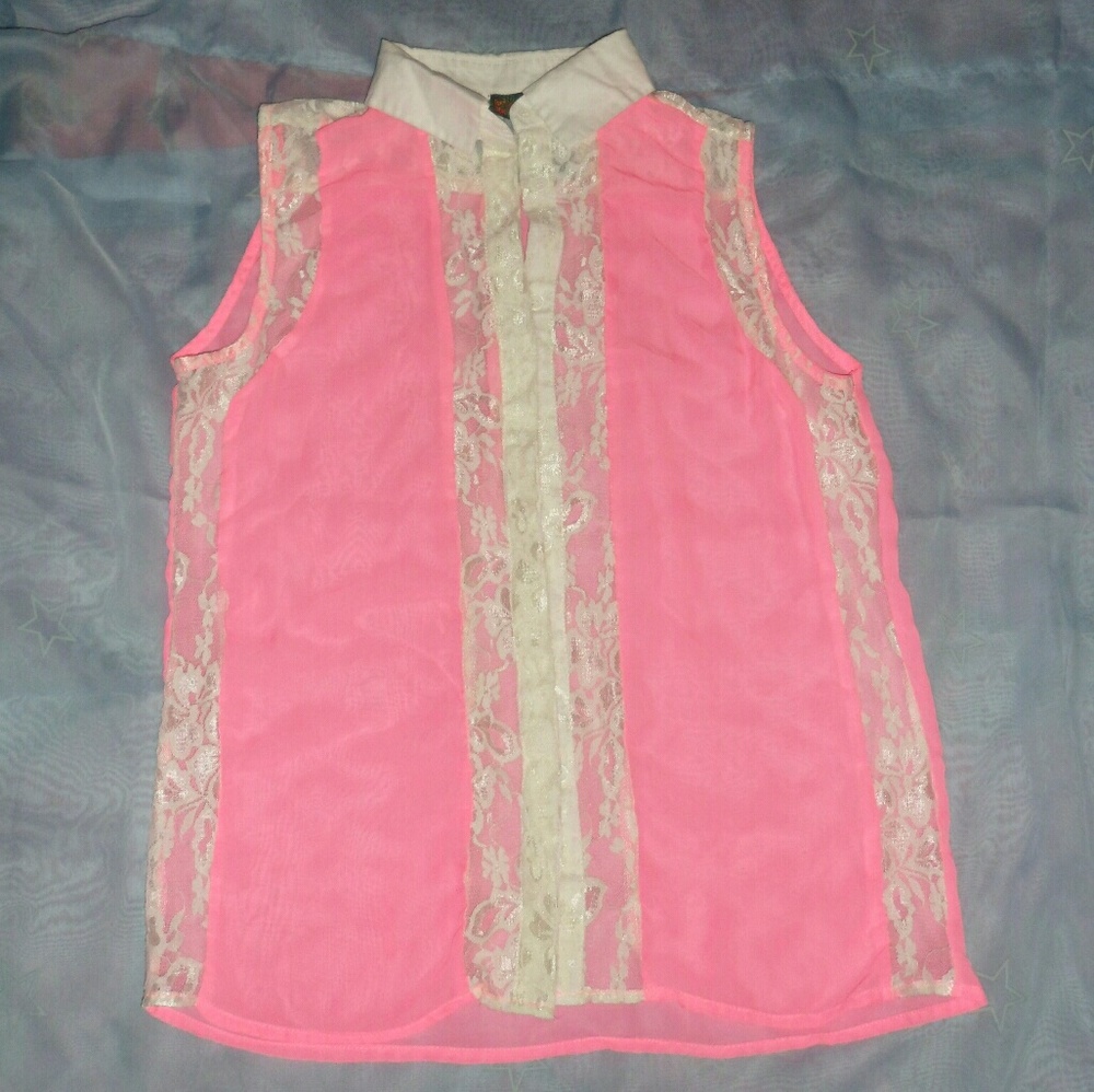 Neon Pink and lace button up top